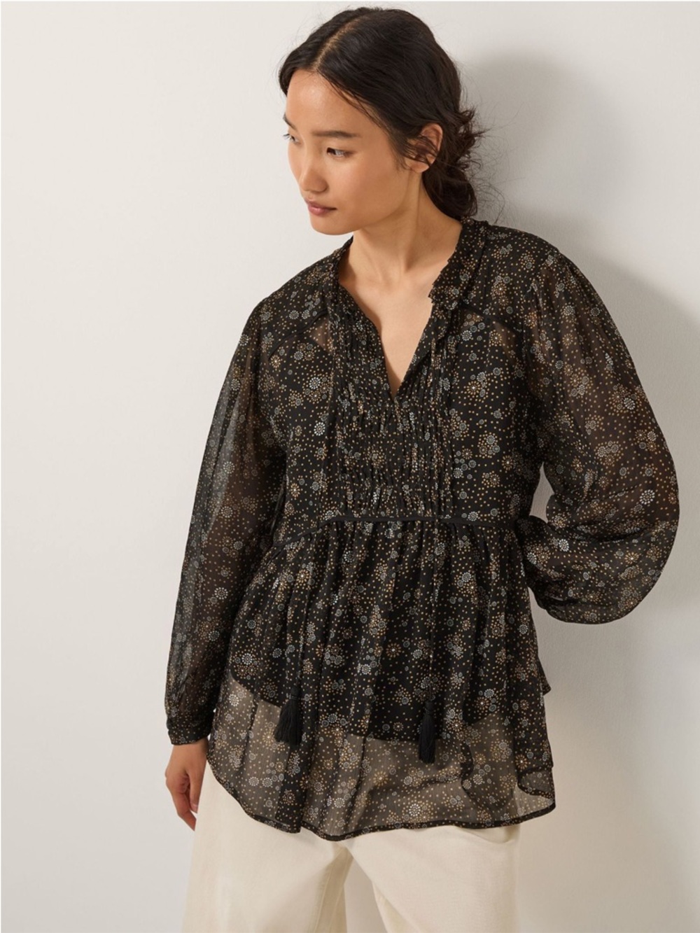 Monsoon Black Print Peasant Blouse Size M